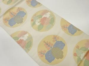 織悦製　丸文に桐・草花模様織出し全通袋帯